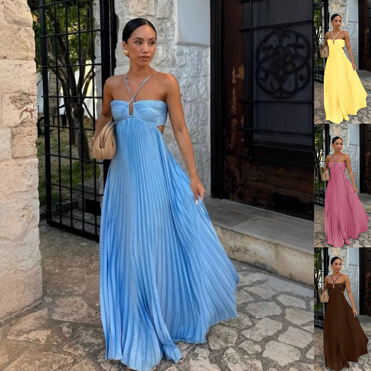 Hollow High Waist Pleated Sleeveless Sling Dress