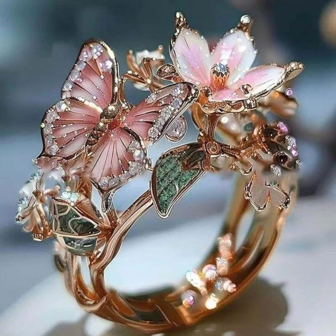 INS Flower Butterfly Ring With Rhinestones And Oil Dropping Design