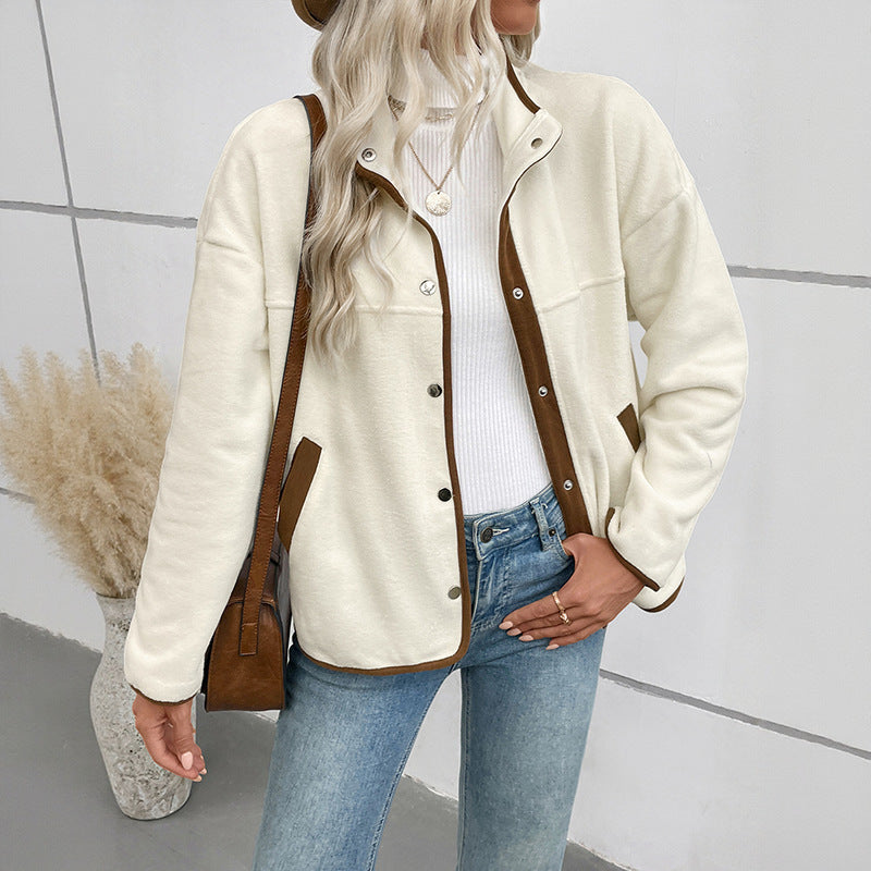 European And American Contrast Color Polar Fleece Cardigan