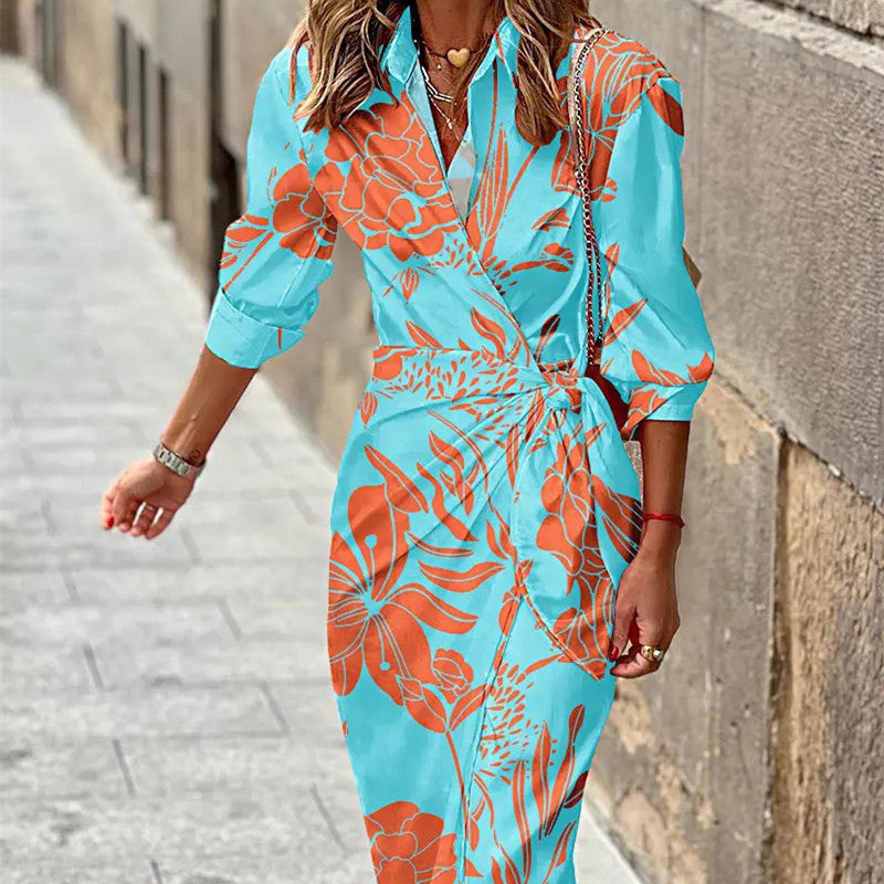 Fashion Printed Shirt Dress With Belt Slim Fit