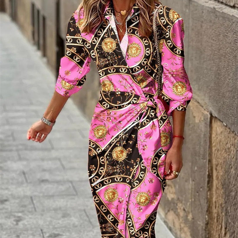 Fashion Printed Shirt Dress With Belt Slim Fit