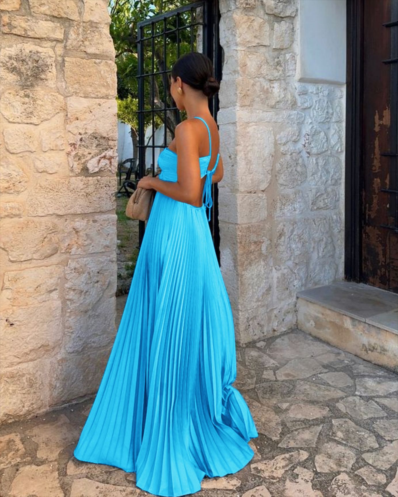 Hollow High Waist Pleated Sleeveless Sling Dress