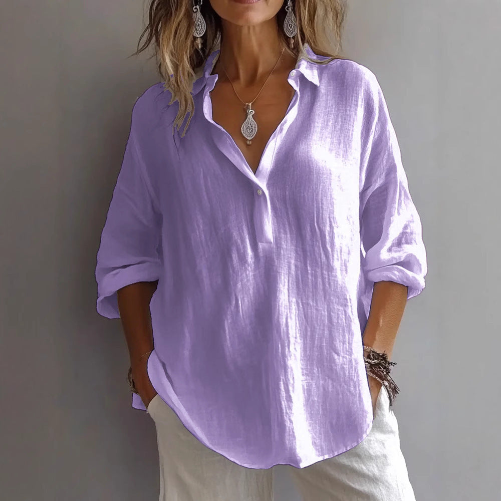 Stylish women's lilac long-sleeved lapel pullover T-shirt, perfect for casual outfits.