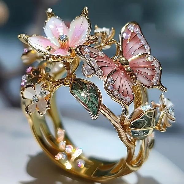 INS Flower Butterfly Ring With Rhinestones And Oil Dropping Design