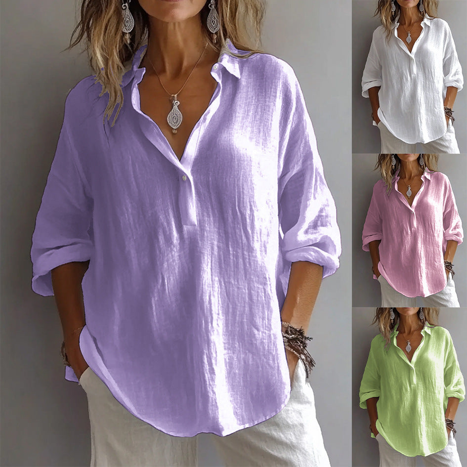 Fashion long-sleeved lapel pullover T-shirt for women in various colors including lilac, white, pink, and green.