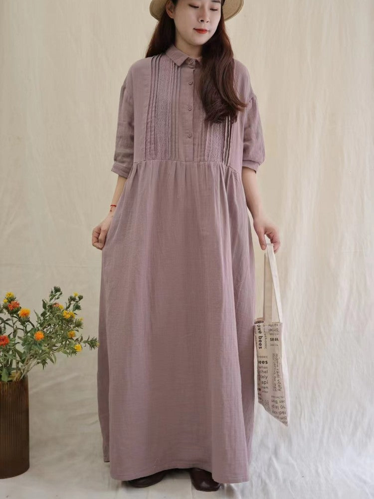 Retro Artistic Lapel Double-layer Cotton Yarn Dress