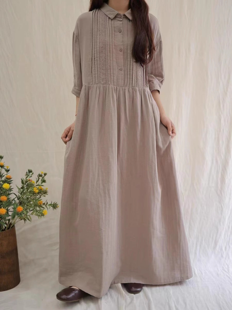 Retro Artistic Lapel Double-layer Cotton Yarn Dress