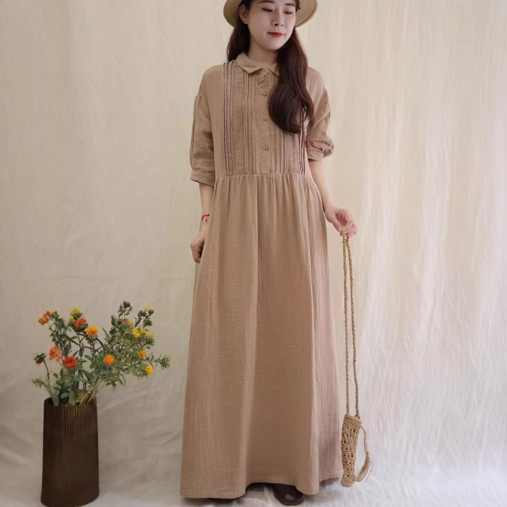 Retro Artistic Lapel Double-layer Cotton Yarn Dress