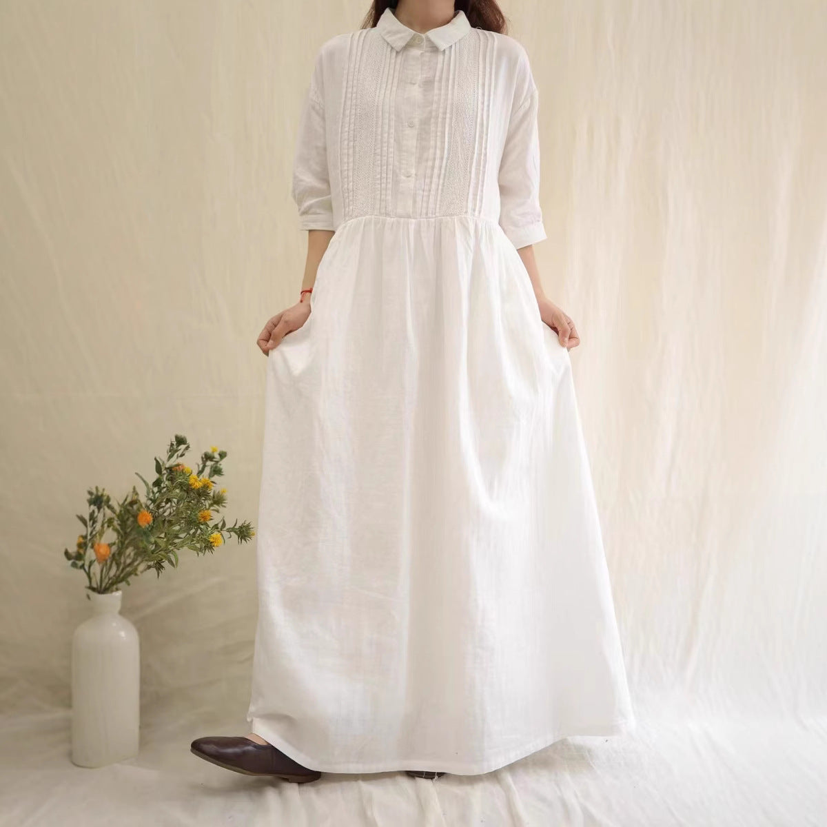 Retro Artistic Lapel Double-layer Cotton Yarn Dress