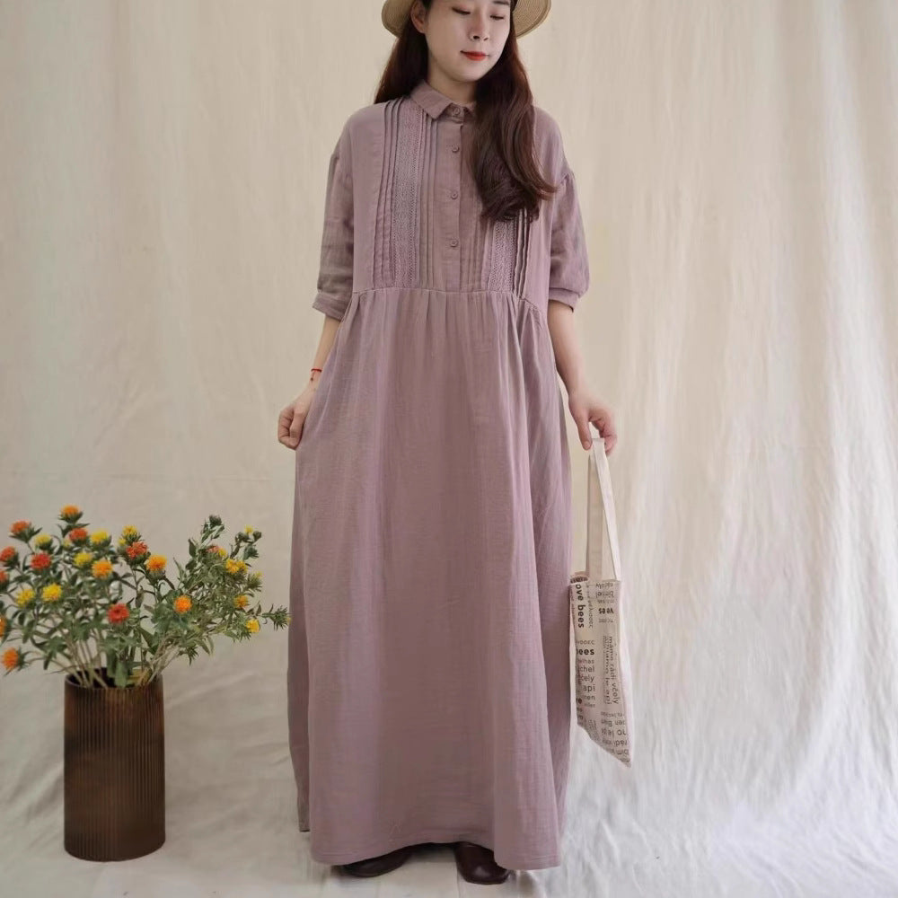 Retro Artistic Lapel Double-layer Cotton Yarn Dress