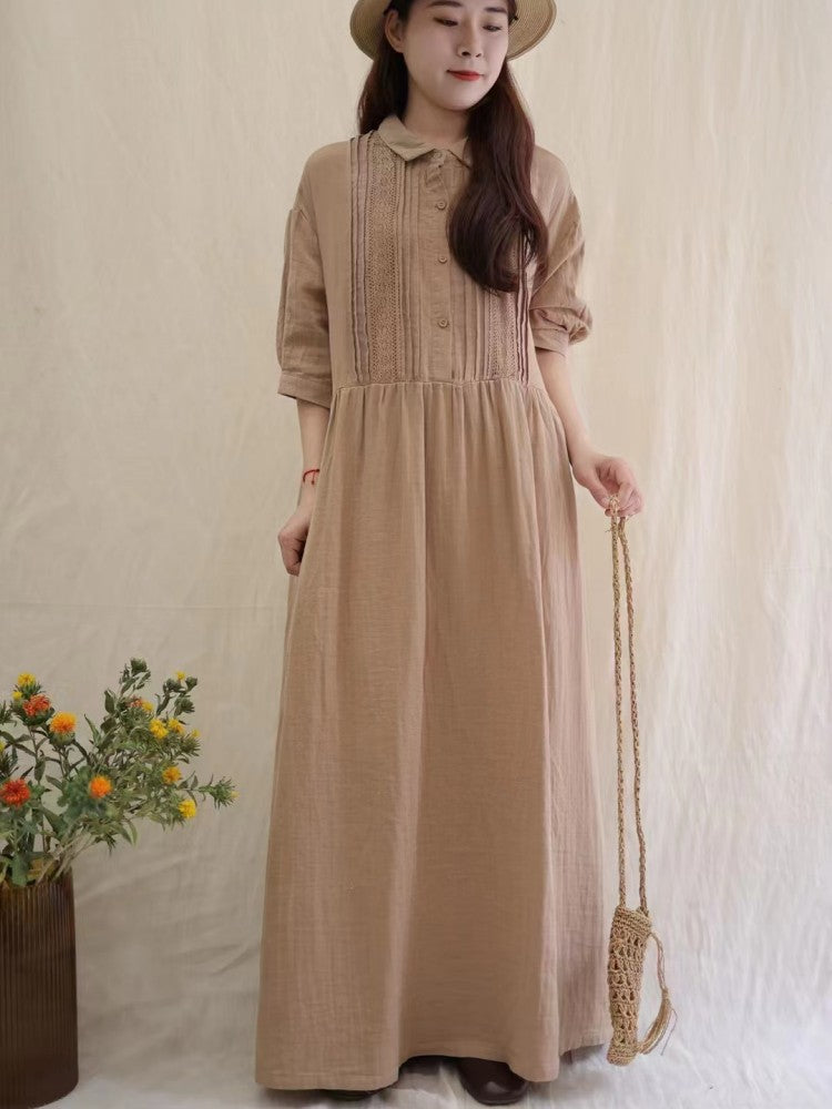 Retro Artistic Lapel Double-layer Cotton Yarn Dress
