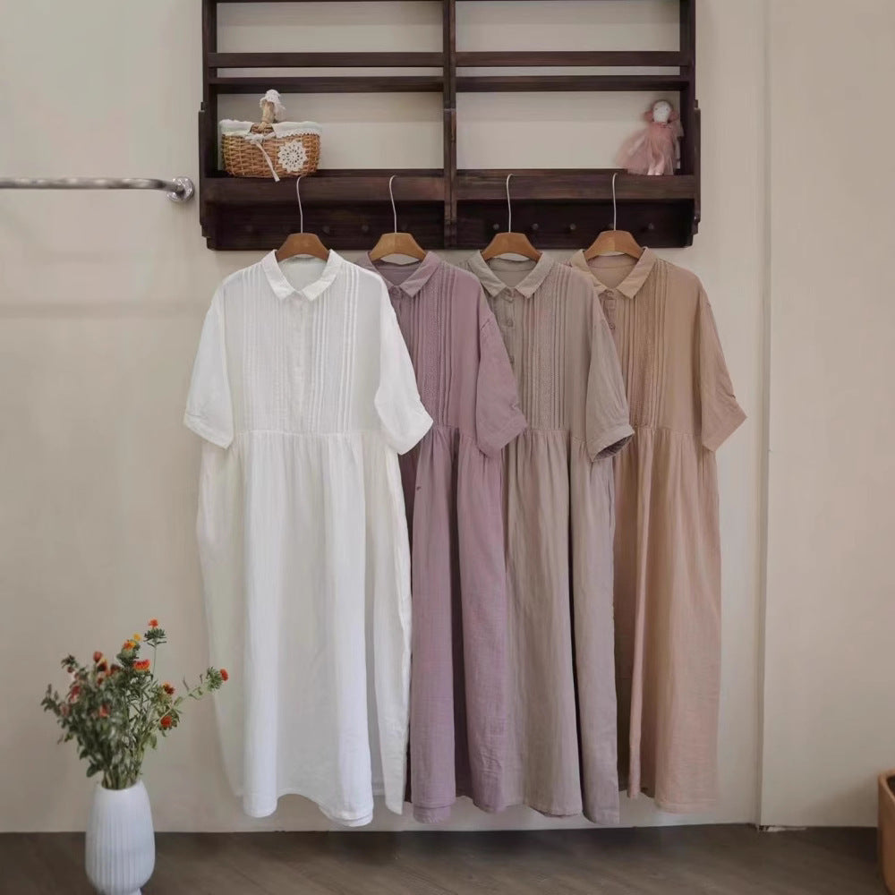 Retro Artistic Lapel Double-layer Cotton Yarn Dress