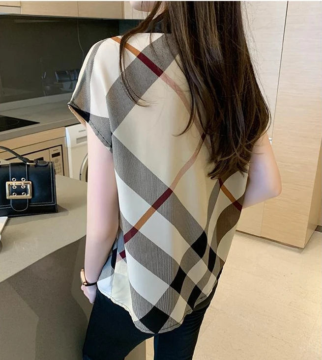 Women's Blouse – Elegant Plaid Chiffon Office Shirt