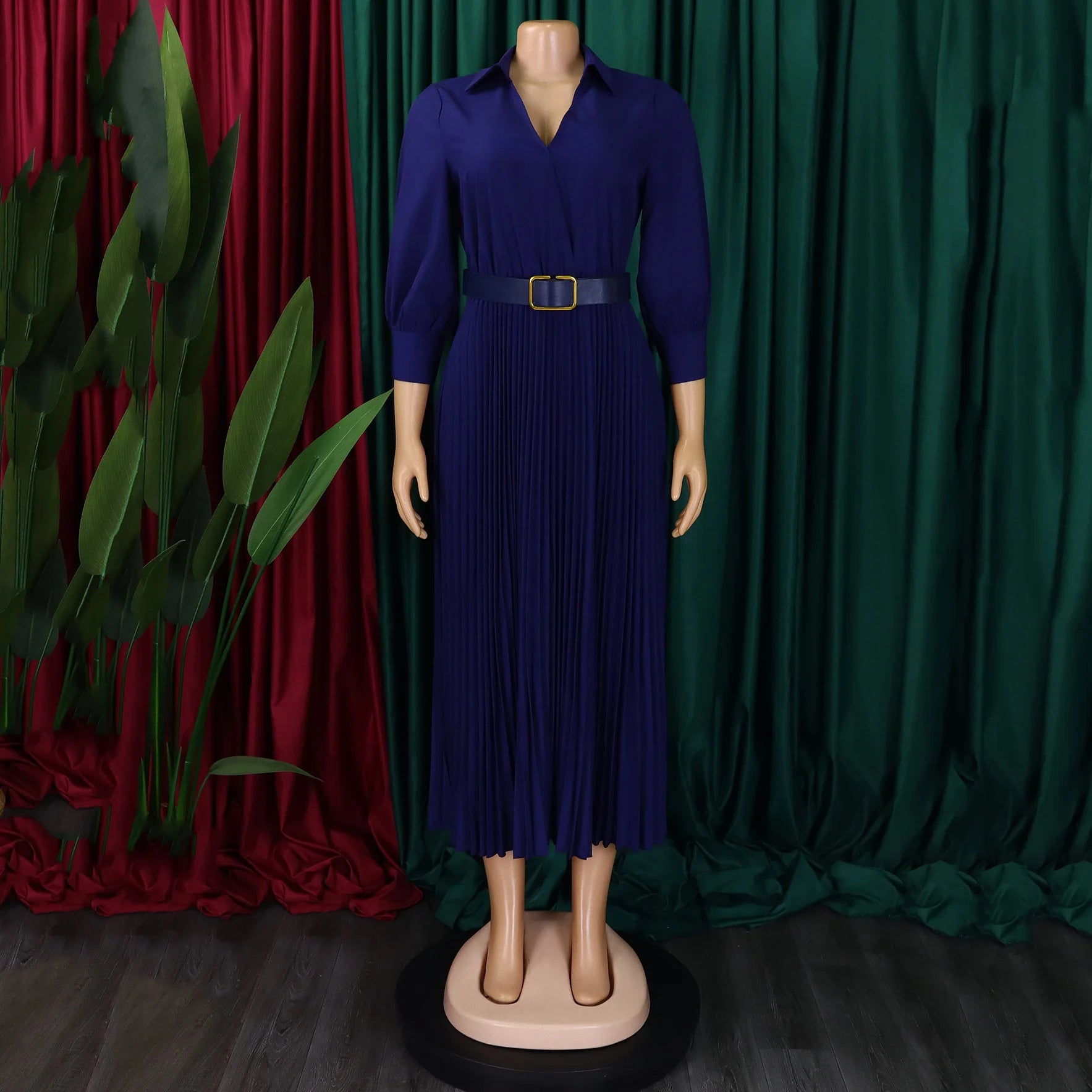 Women's Elegant Dress – Pleated V-Neck Office Style