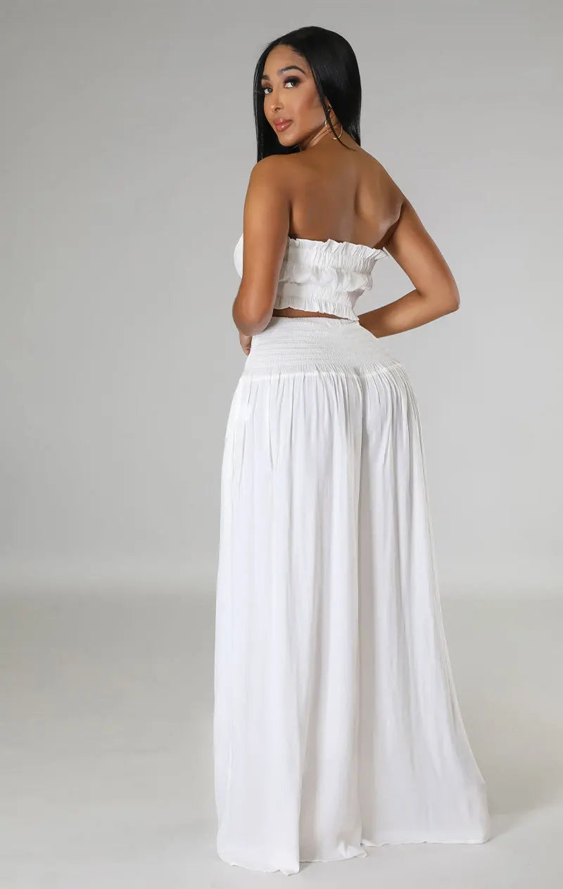 Strapless tops and wide-leg pants