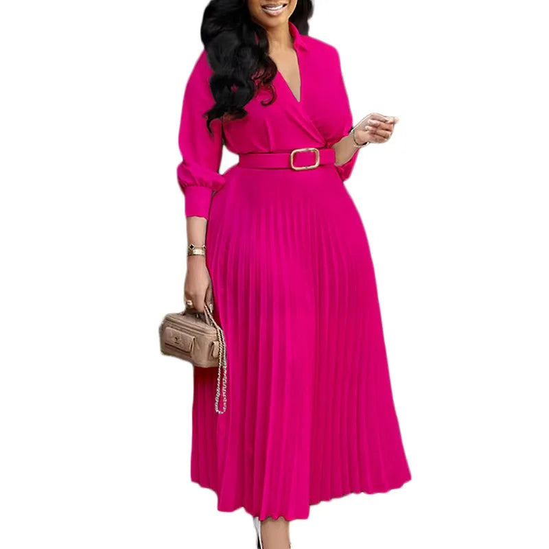 Women's Elegant Dress – Pleated V-Neck Office Style
