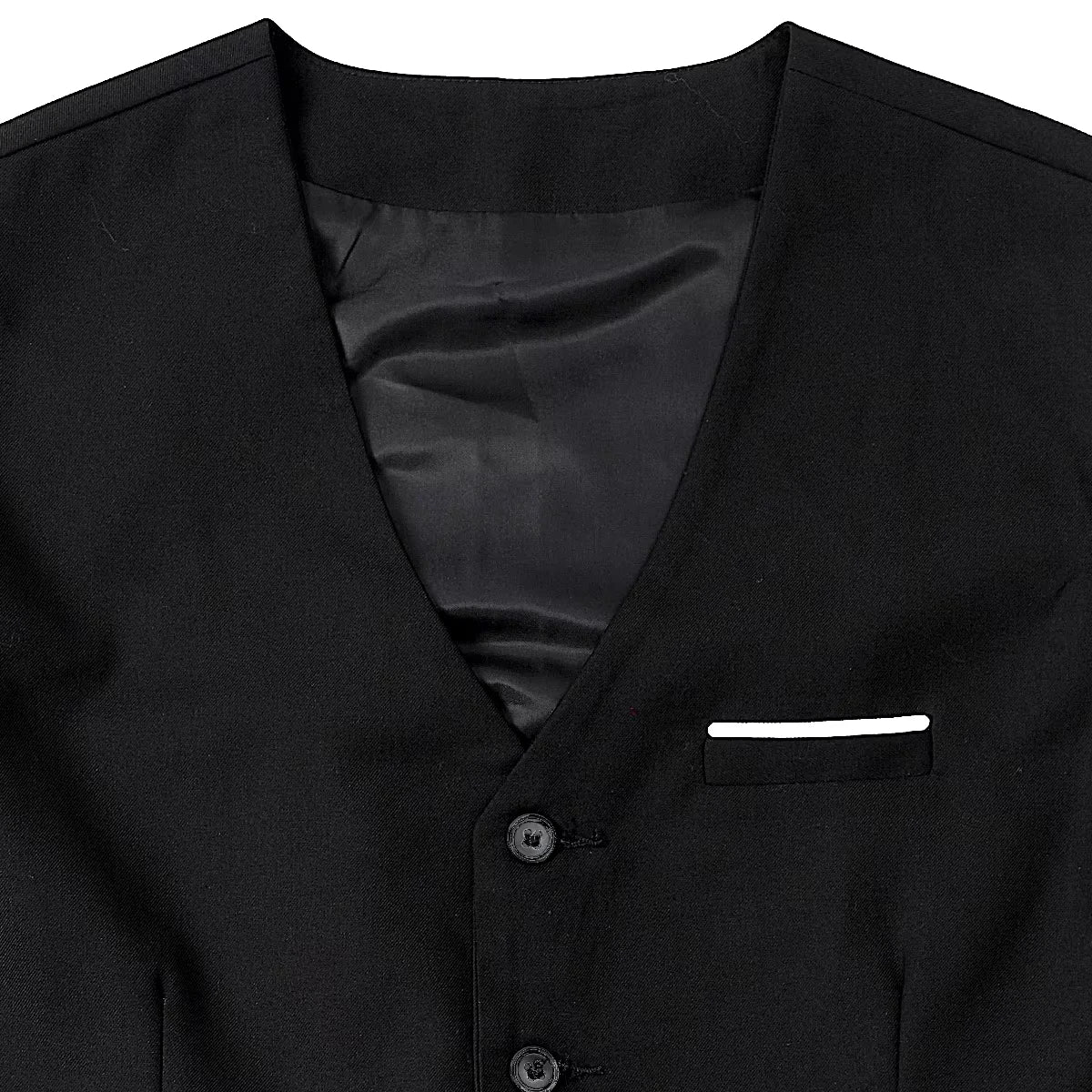 Close-up of a black suit jacket with a white pocket square on a white background