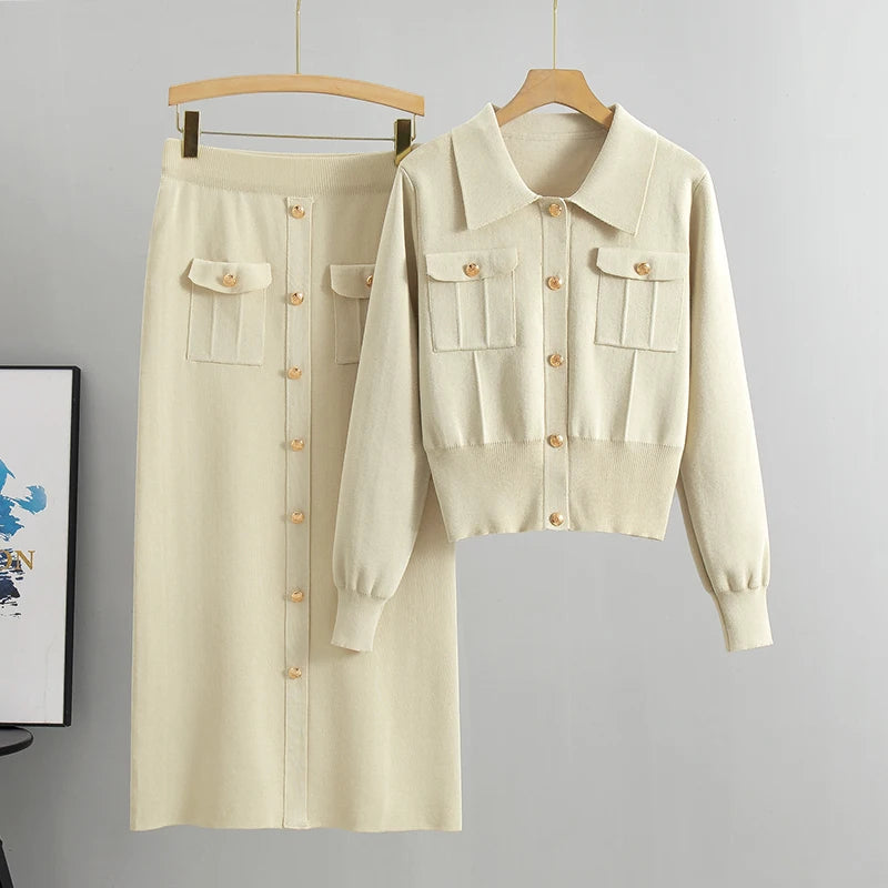 Beige Jacket and Skirt Set – Elegant Knit Office Outfit