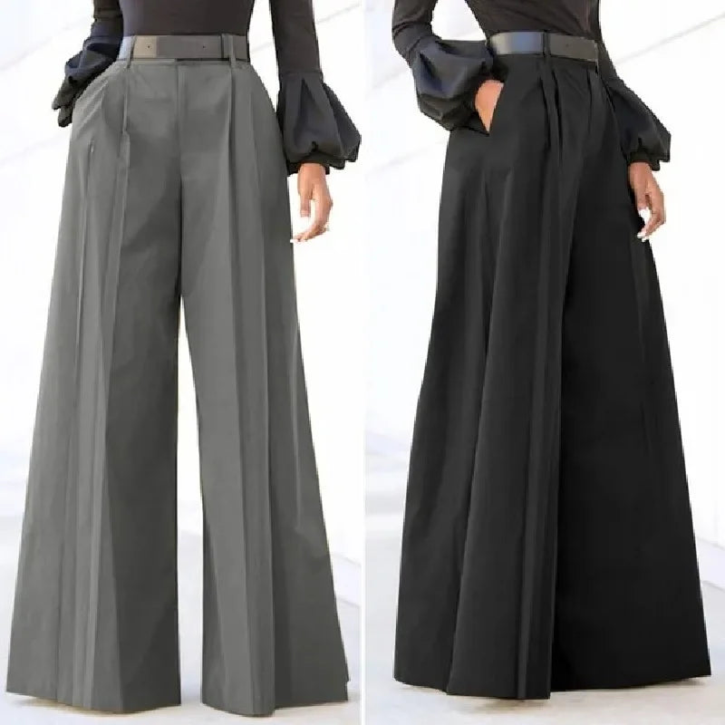 Two pairs of wide-leg pants, one gray and one black, on a white background.
