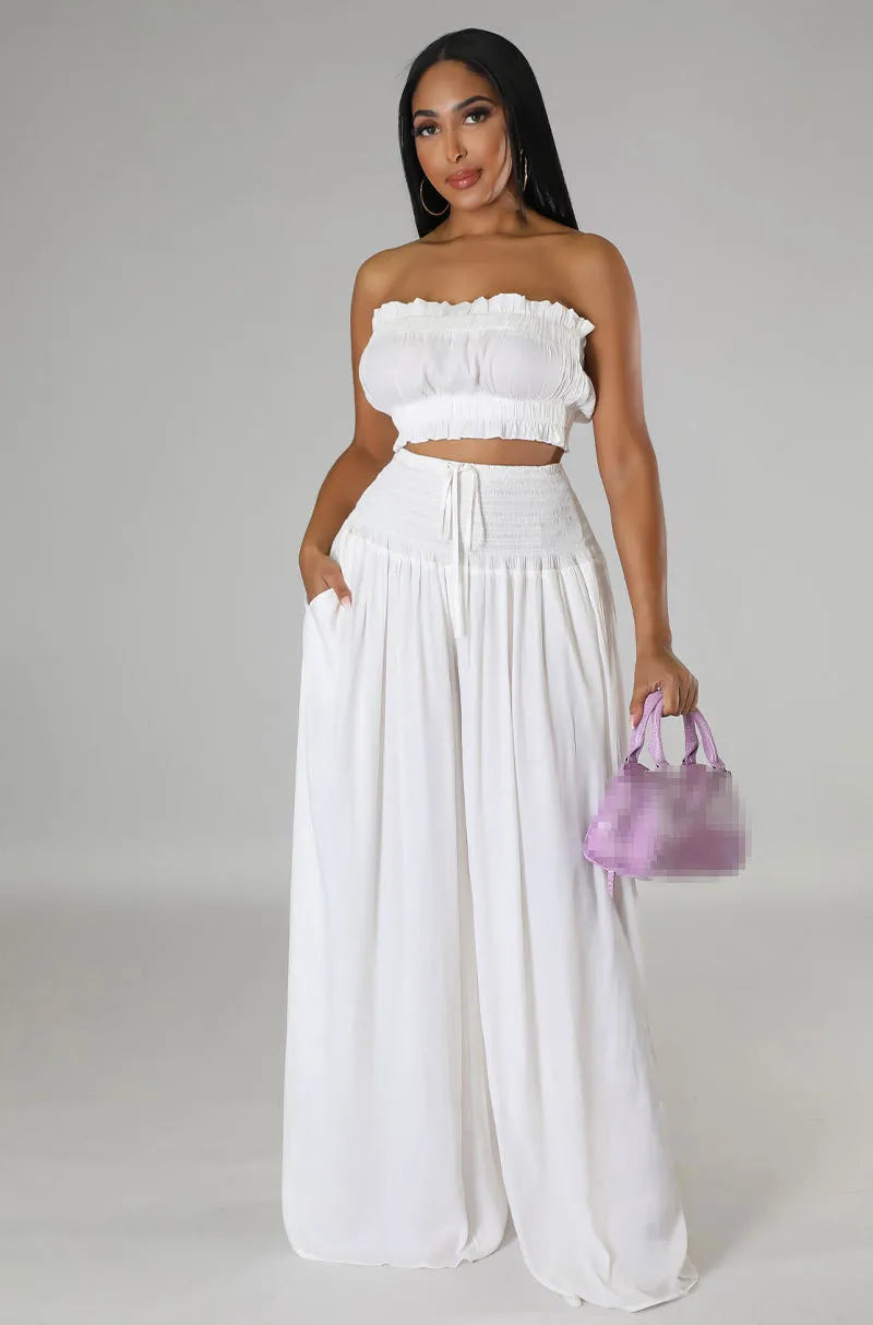 Strapless tops and wide-leg pants