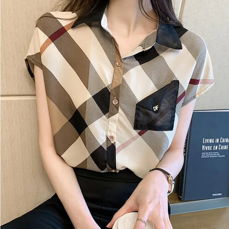 Women's Blouse – Elegant Plaid Chiffon Office Shirt