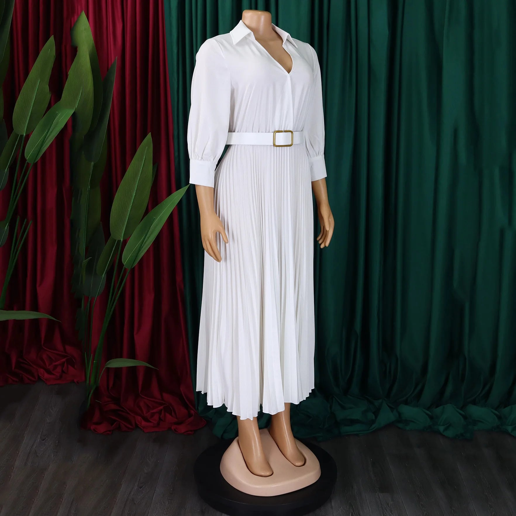 Women's Elegant Dress – Pleated V-Neck Office Style