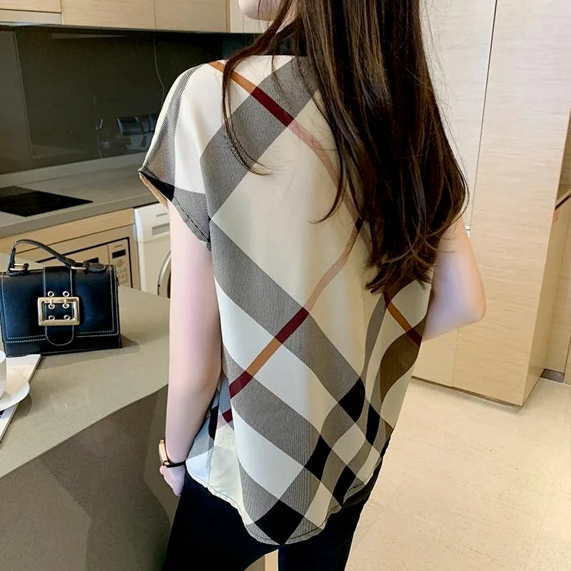 Women's Blouse – Elegant Plaid Chiffon Office Shirt