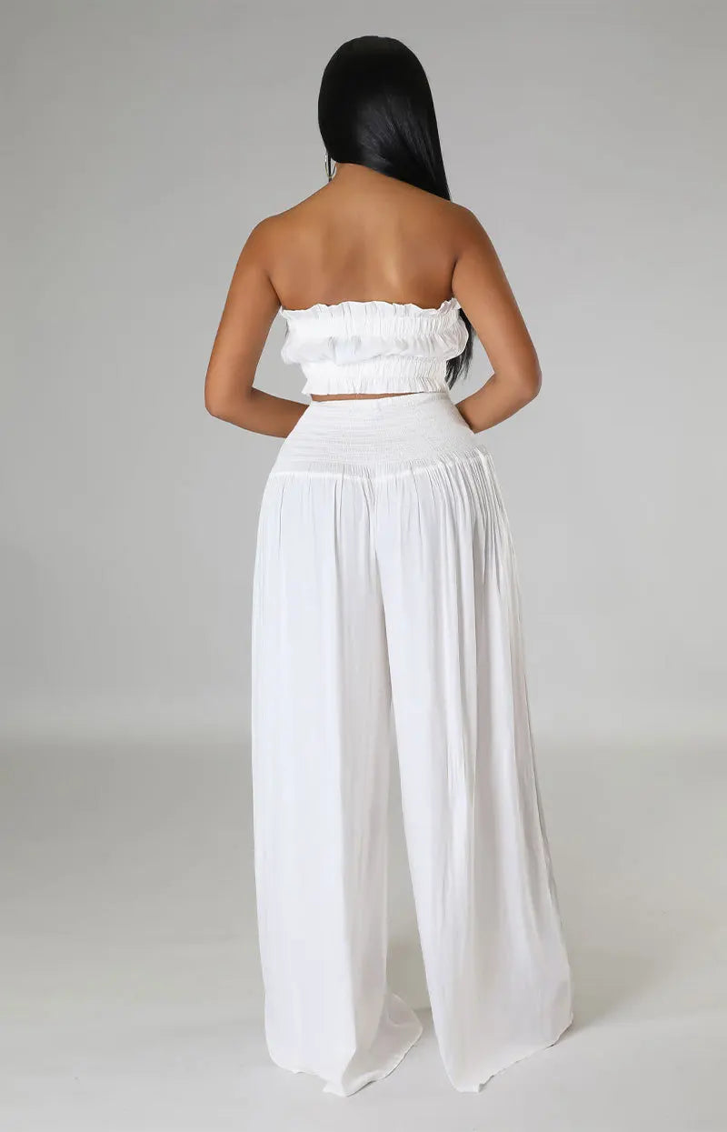Strapless tops and wide-leg pants