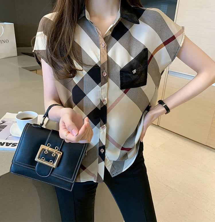 Women's Blouse – Elegant Plaid Chiffon Office Shirt