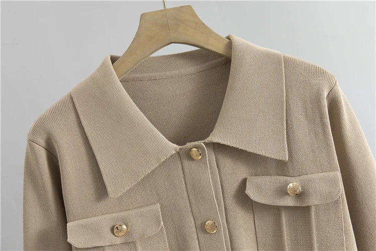 Beige Jacket and Skirt Set – Elegant Knit Office Outfit