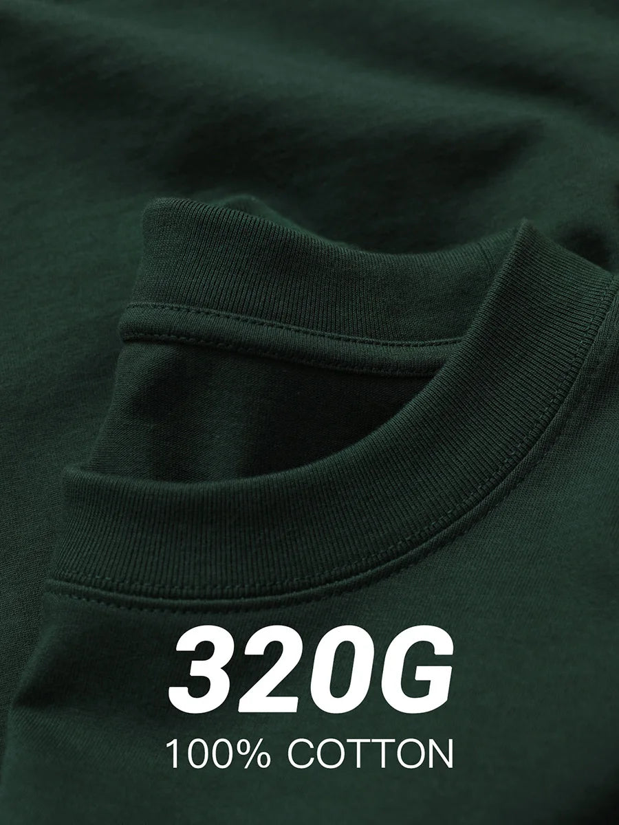 Dark green fabric with '320G 100% Cotton' text overlay