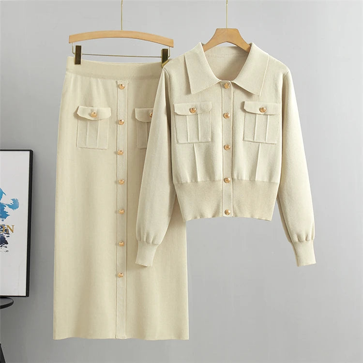 Beige Jacket and Skirt Set – Elegant Knit Office Outfit