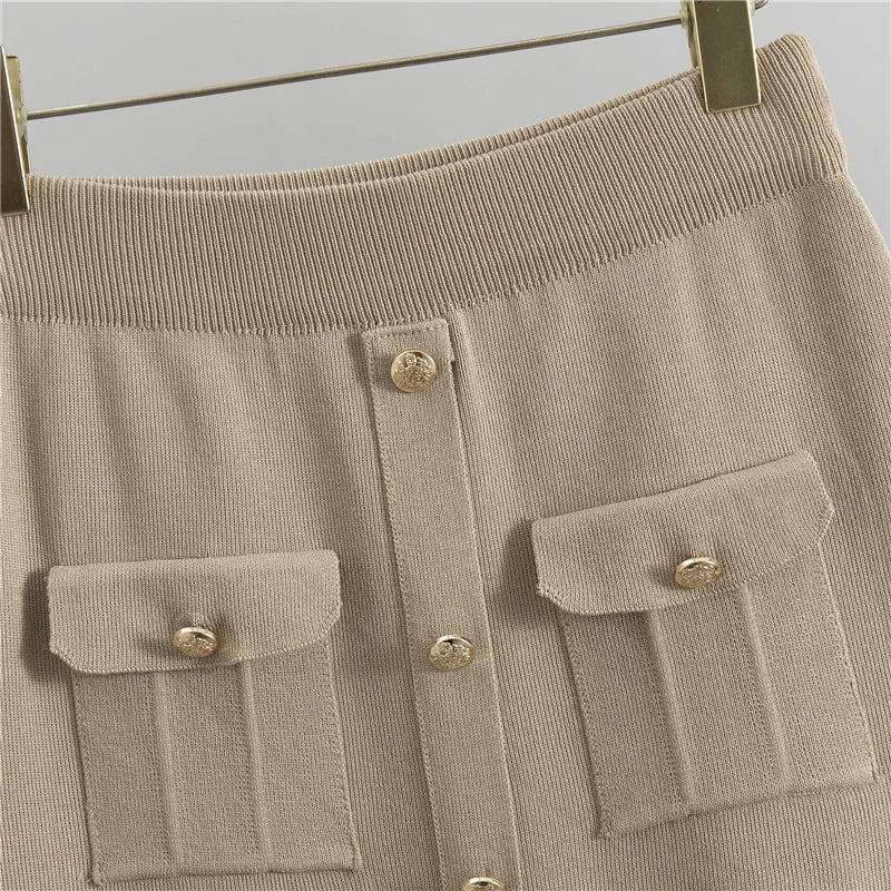 Beige Jacket and Skirt Set – Elegant Knit Office Outfit
