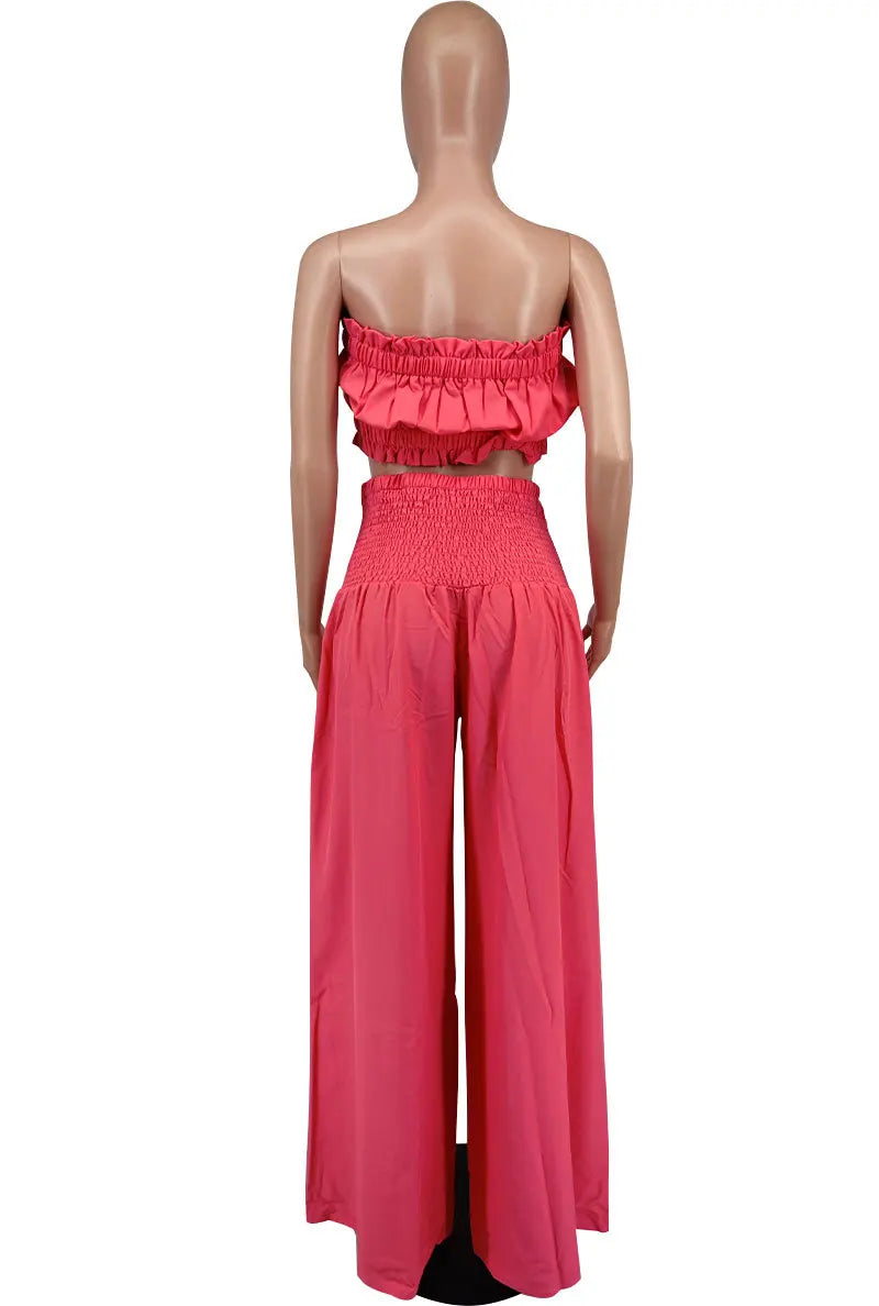 Strapless tops and wide-leg pants