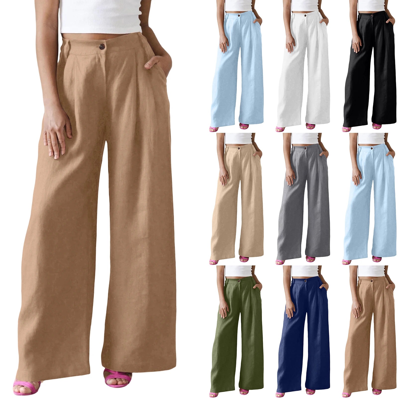 Wide-leg pants in various colors on a white background
