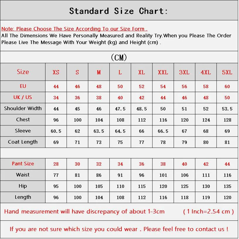 Standard size chart for clothing measurements in centimeters