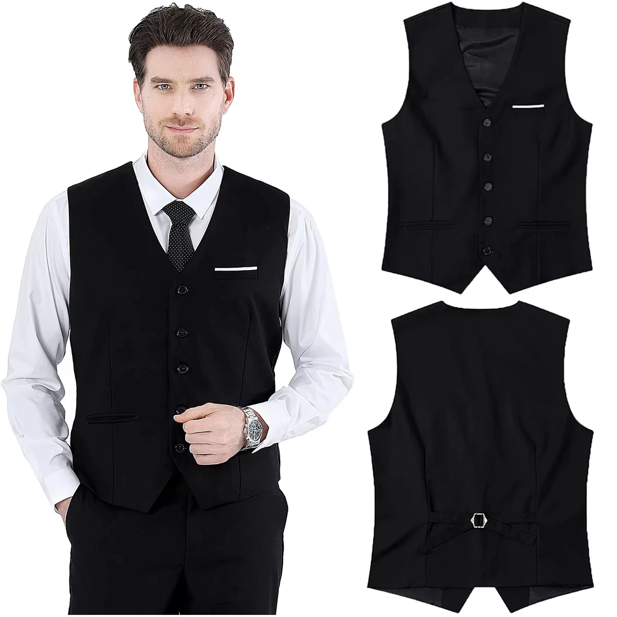 Man wearing a black vest with close-up views on a white background
