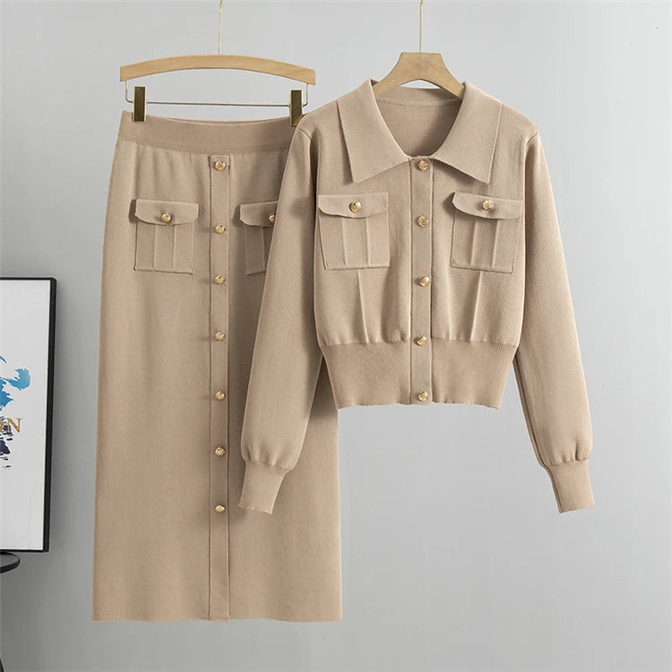 Beige Jacket and Skirt Set – Elegant Knit Office Outfit