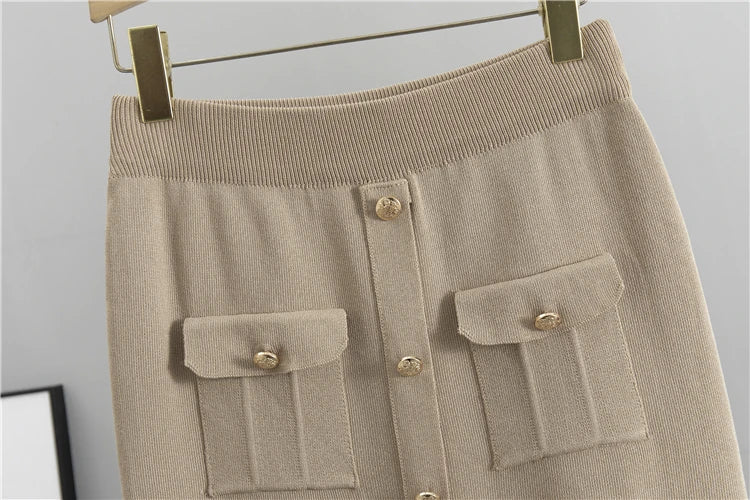 Beige Jacket and Skirt Set – Elegant Knit Office Outfit