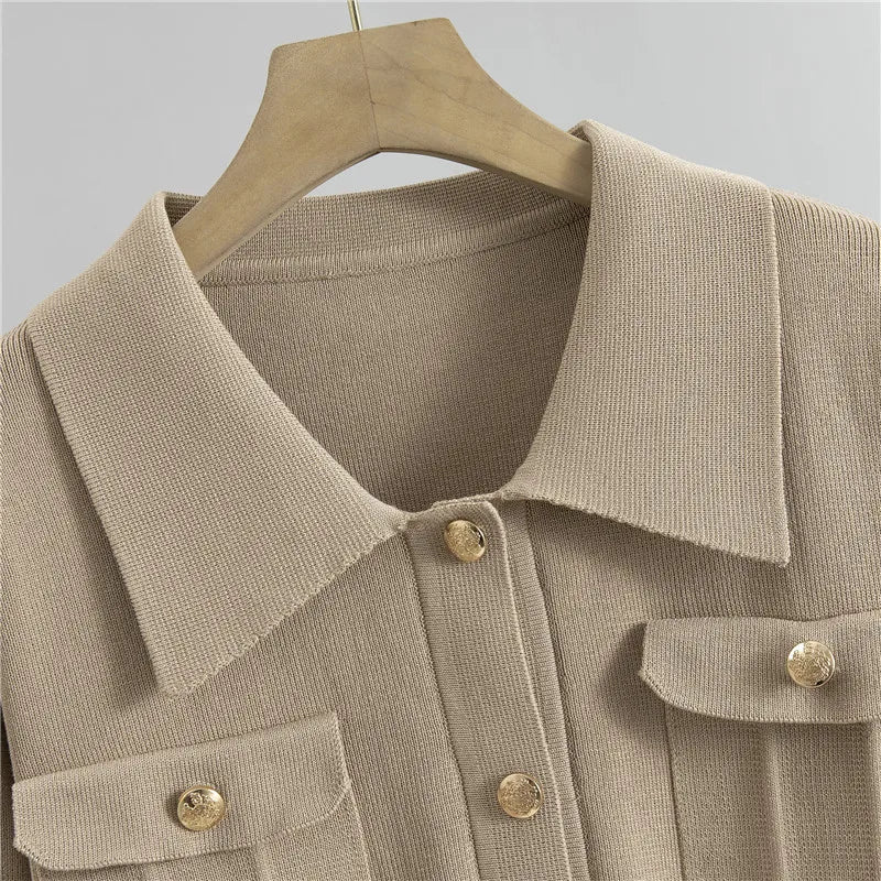 Beige Jacket and Skirt Set – Elegant Knit Office Outfit