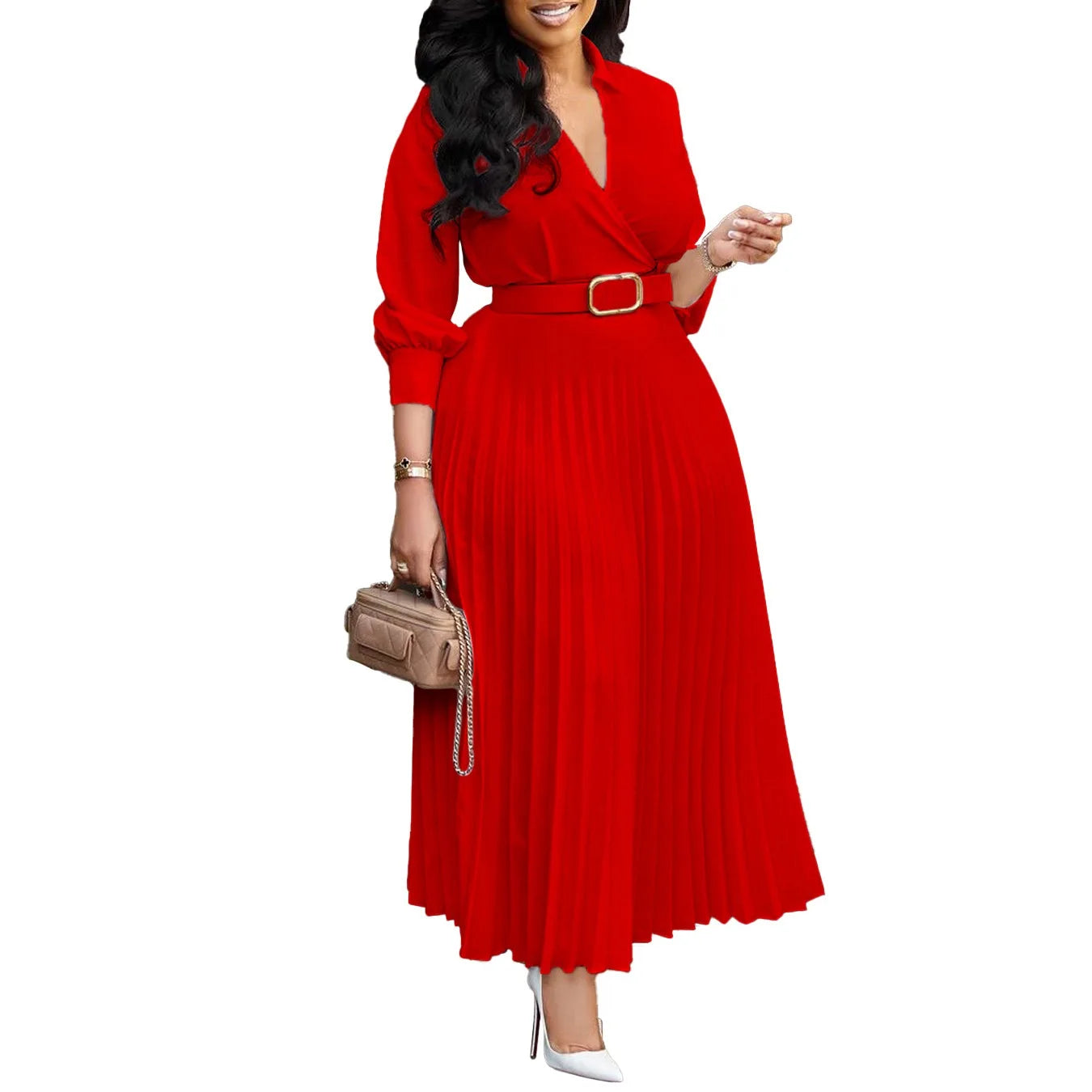 Women's Elegant Dress – Pleated V-Neck Office Style