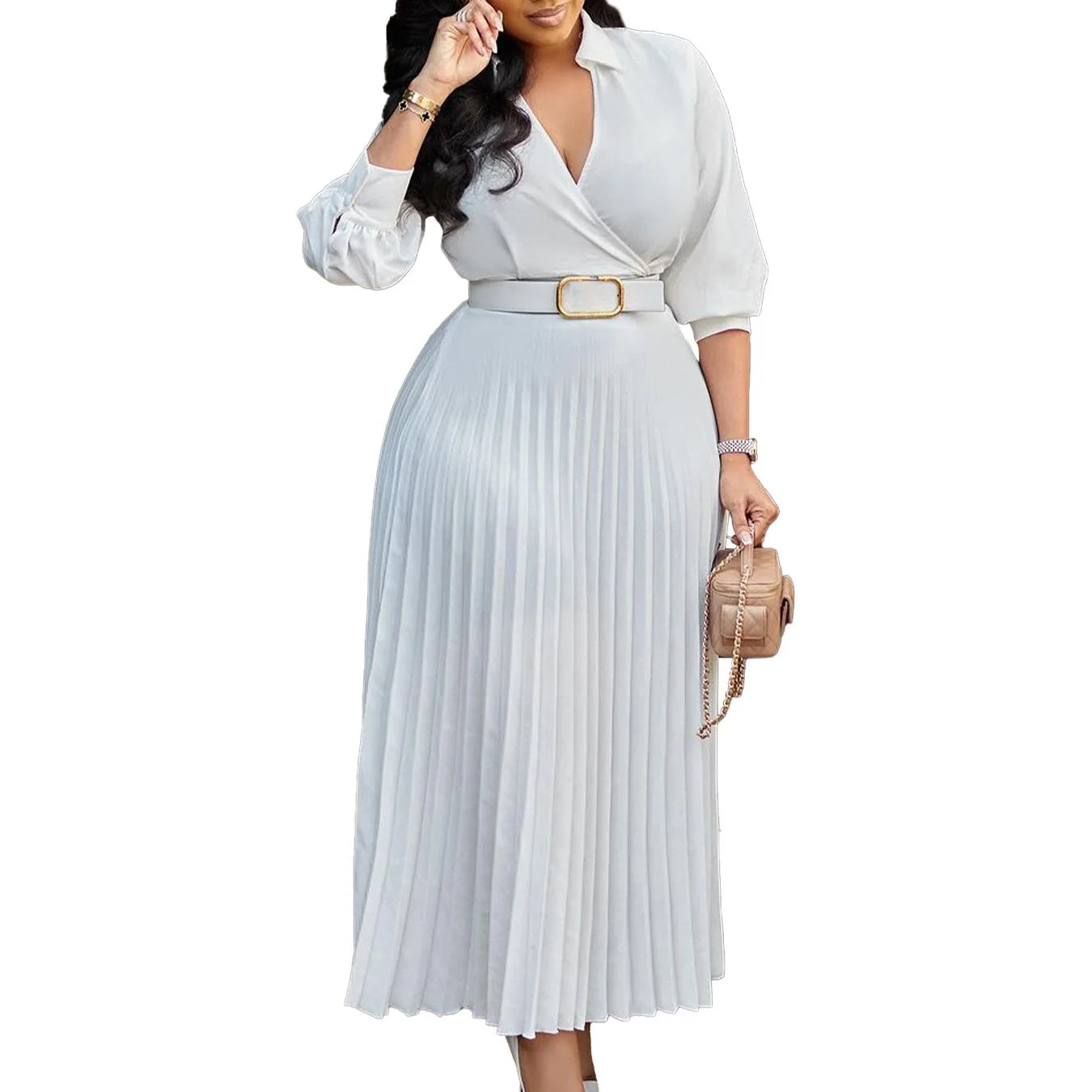 Women's Elegant Dress – Pleated V-Neck Office Style