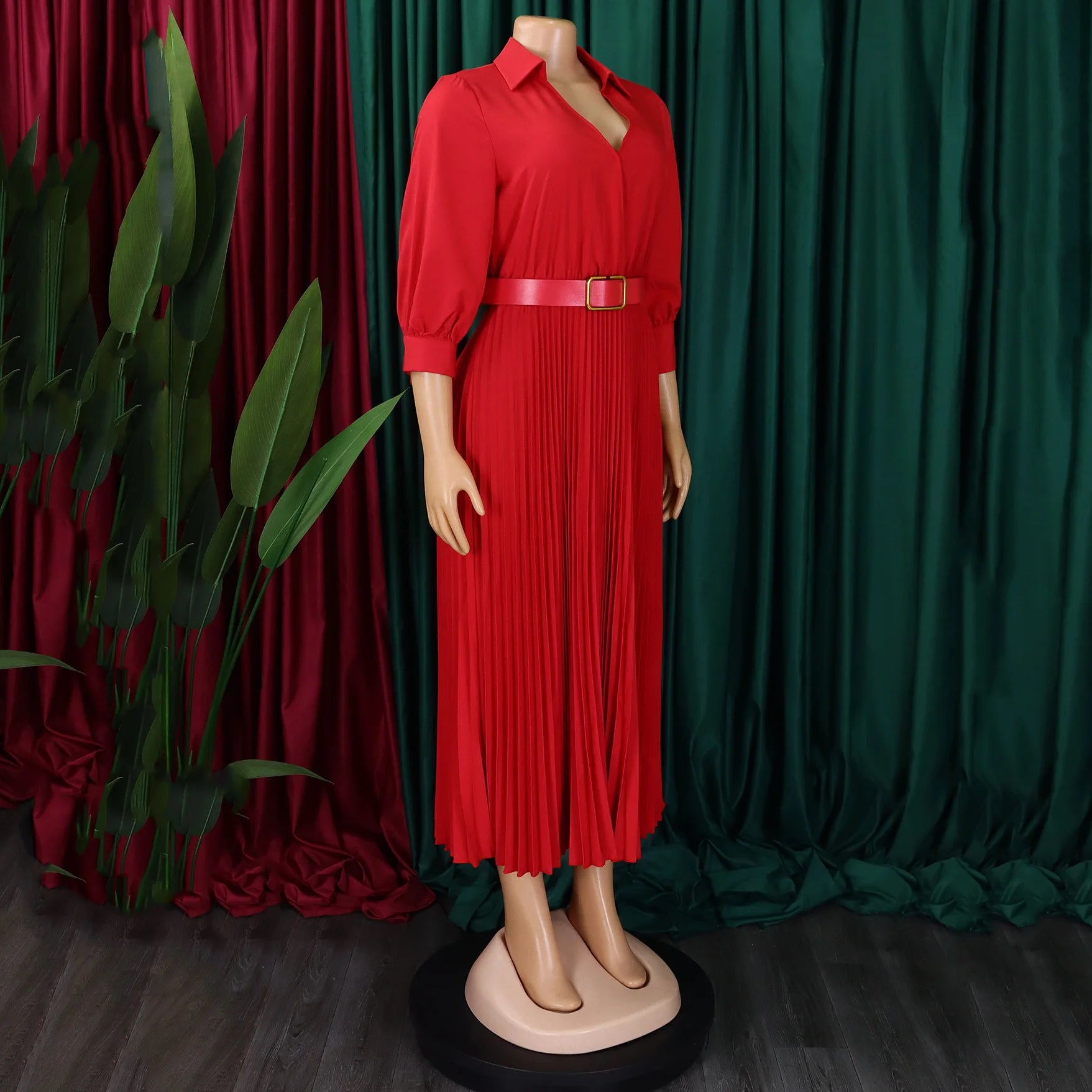 Women's Elegant Dress – Pleated V-Neck Office Style