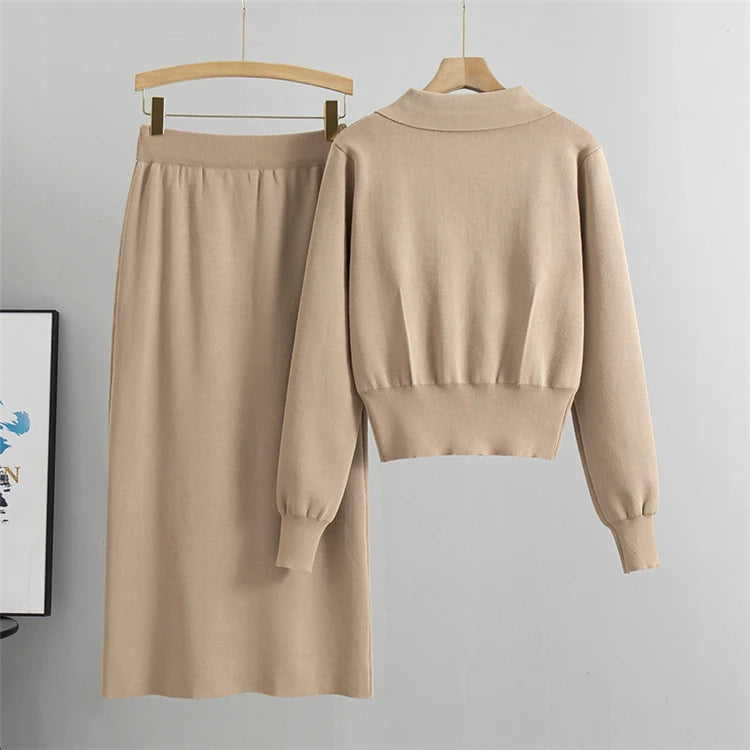 Beige Jacket and Skirt Set – Elegant Knit Office Outfit