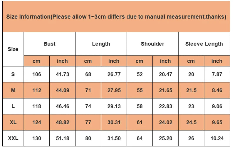 Size chart for clothing with measurements in centimeters and inches.