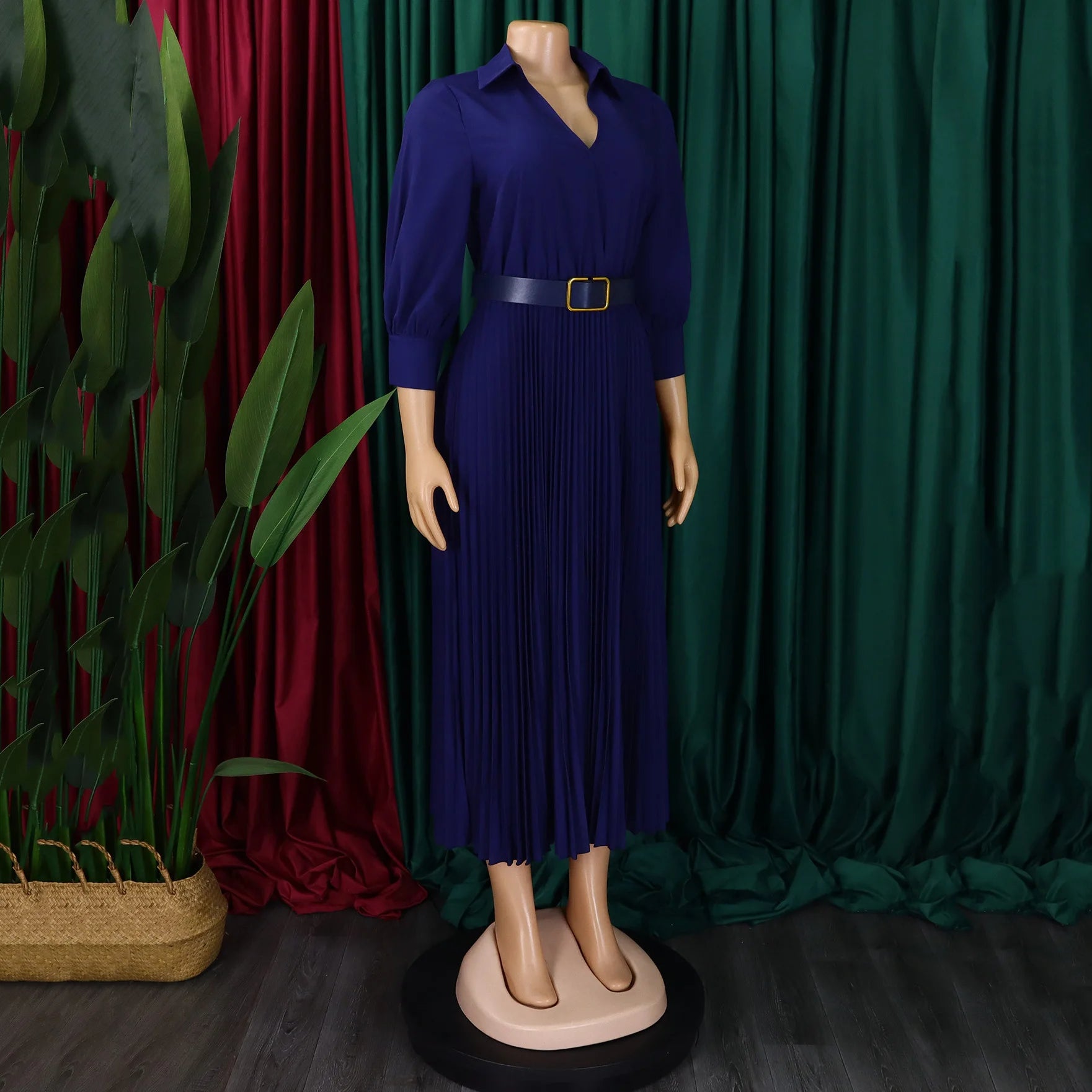 Women's Elegant Dress – Pleated V-Neck Office Style