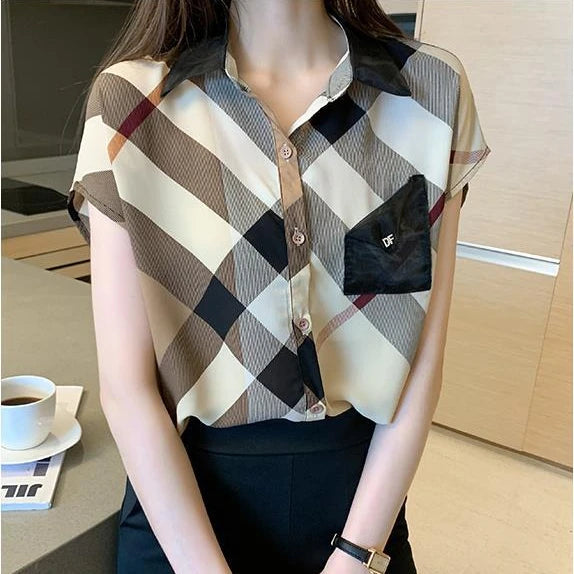 Women's Blouse – Elegant Plaid Chiffon Office Shirt