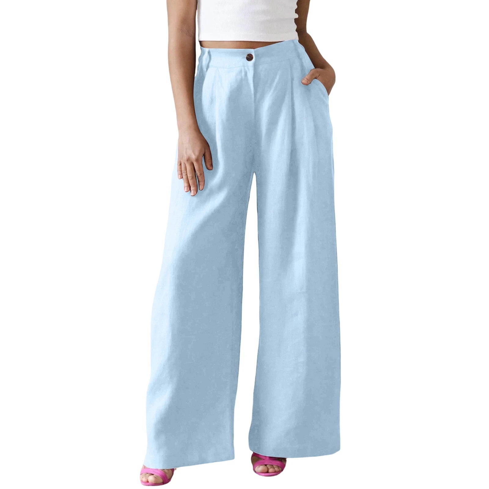 Light blue wide-leg pants worn by a person on a white background