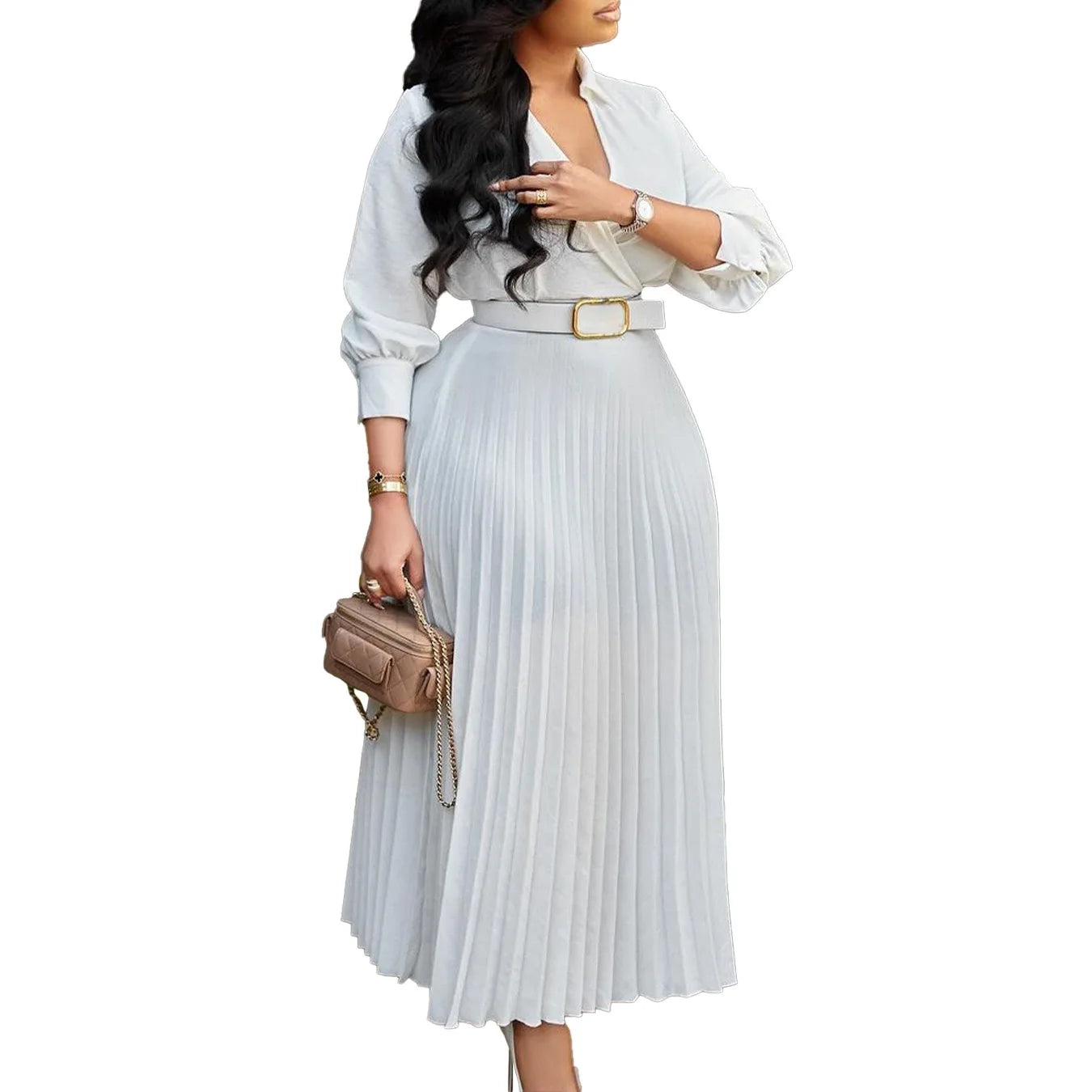 Women's Elegant Dress – Pleated V-Neck Office Style