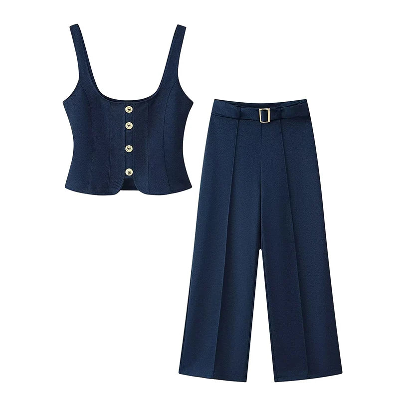 Navy blue sleeveless top with buttons and wide-leg pants on a white background
